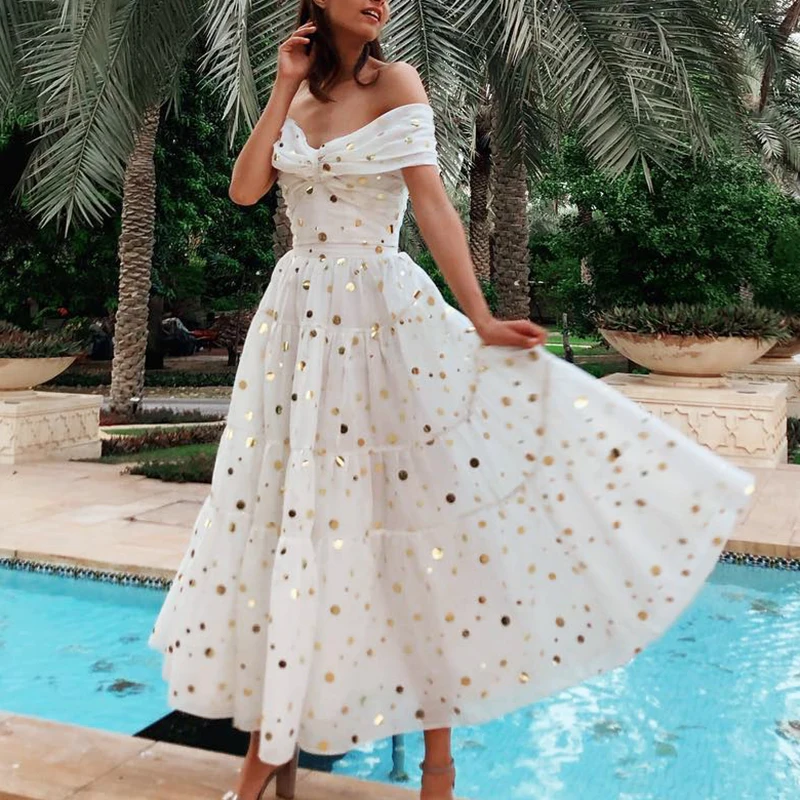 

Women's elegant dress white Summer Sexy Off Shoulder polka Dots Cute Princess Style A-line swing Waist-defined Dress maxi