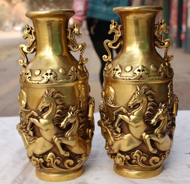 

9"Marked Chinese Bronze Successful Running 8 Horse Dragon Beast Vase Pair Statue S0708