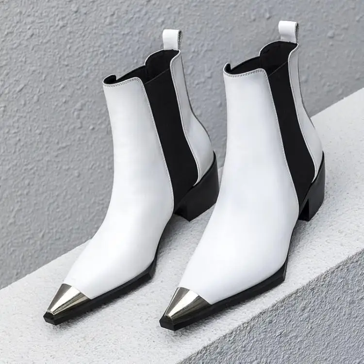 

New Designers Winter 2018 Women Ankle Boots Silver Metallic Toe Low Chunky Heel Chelsea Boots Black White Leather Shoes Lady