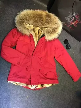

Top quality winter jacket mr mrs furs parka coats natural faux fur lined & large real raccoon dog fur collar hood red fur parka