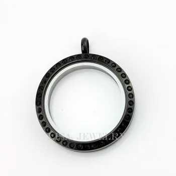 

30mm round black floating locket with black crystal,316l stainless steel memory glass floating locket pendant