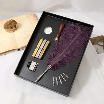 

High quality Fountain Pen Antique ostrich brush writing ink stationery Pens with 5 nibs wedding gifts feather pen gift box Set