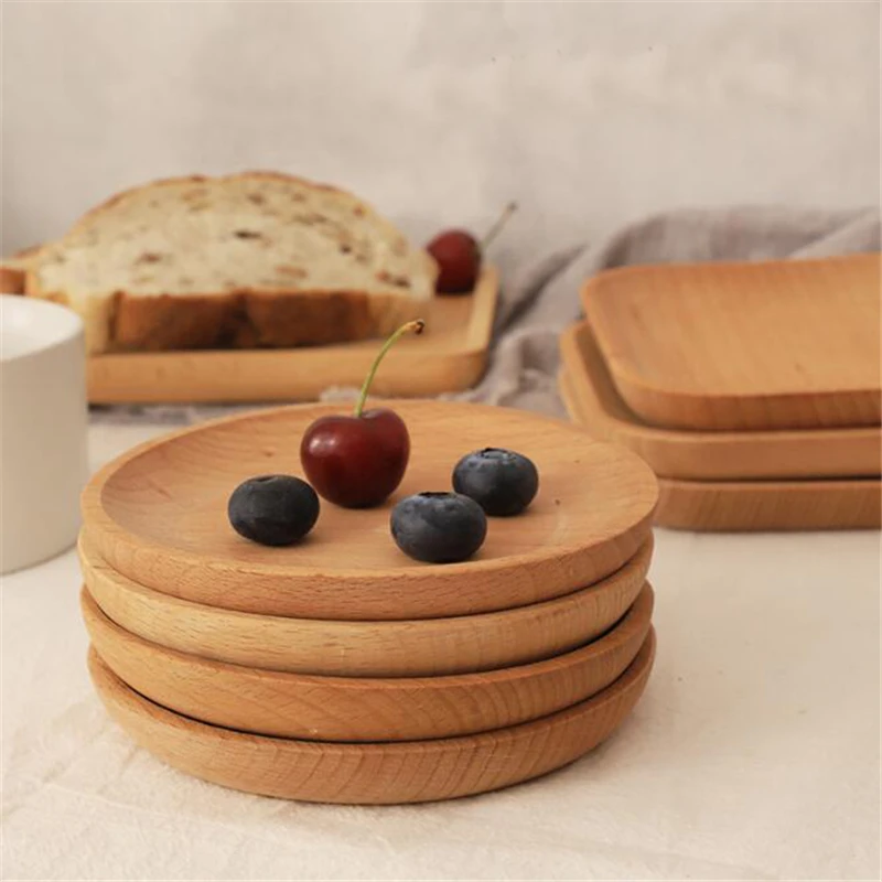 

Round Square Shape Coffee Tea Tray Bread Food Dessert Breakfast Plate Solid Wood Pan Plate Fruit Dishes Saucer Dessert Plate