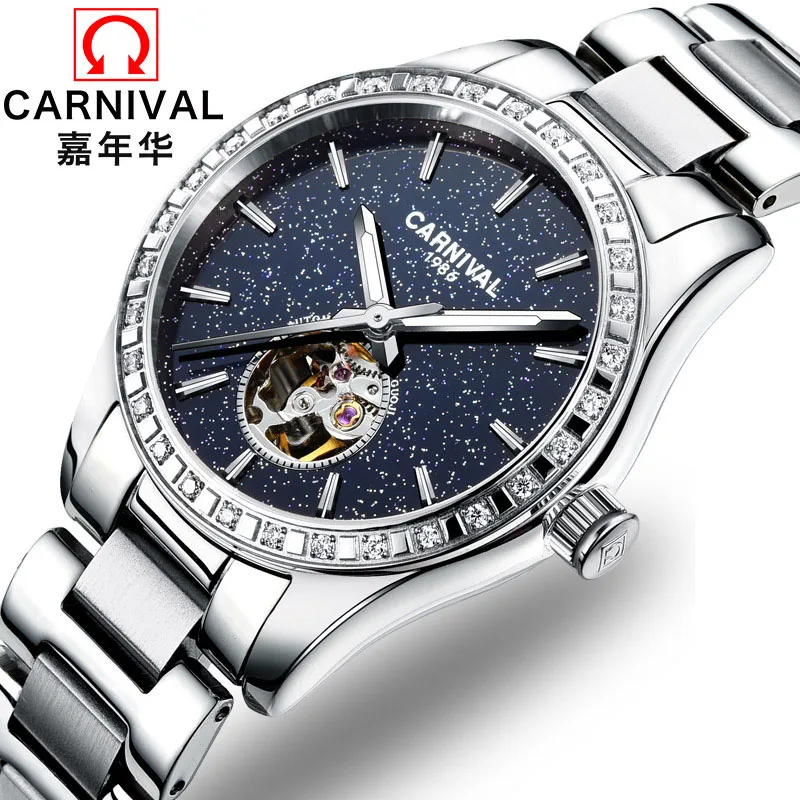 Silver Модные женские часы Tourbillon, Лидирующий бренд, роскошные карнавальные автоматические часы для женщин, бриллианты, круг, светящиеся часы со скелетом для женщин - Color: Silver