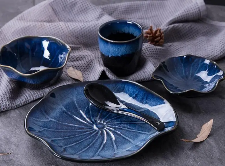 Фарфоровая посуда набор для одного человека керамические тарелки наборы темно голубые тарелки - Цвет: one set
