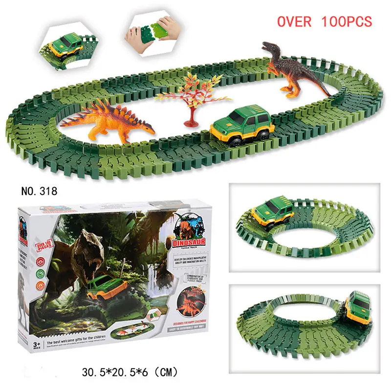 

100pcs Dinosaur Rail Car Toys DIY Universal Accessories Racing Tracks Race Track Bend Flex Assembly Car Toy Tract Set