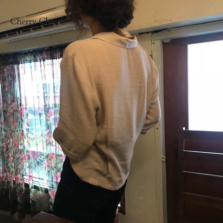 Cherry Chesse Vintage Women Blouse Mid Sleeve Solid V Neck Button Tops Summer Autumn Slim Office Lady