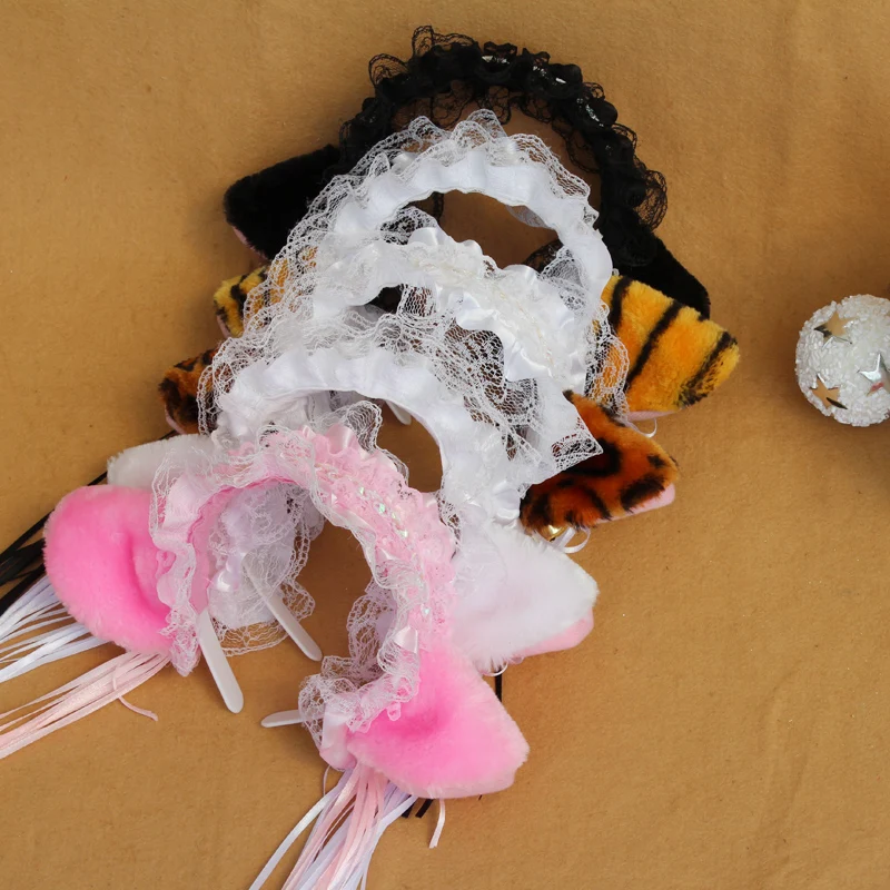 

children adult COSPLAY white black pink leopard lace long fur cat neko ears hairbands Maid Lolita headband ribbon with tassel