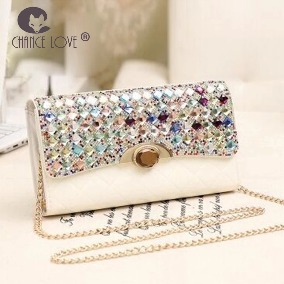 

Chance Love 2018 new rhinestone dinner crocodile leather handbag shoulder bag diagonal chain bag Colored diamond clutch bag