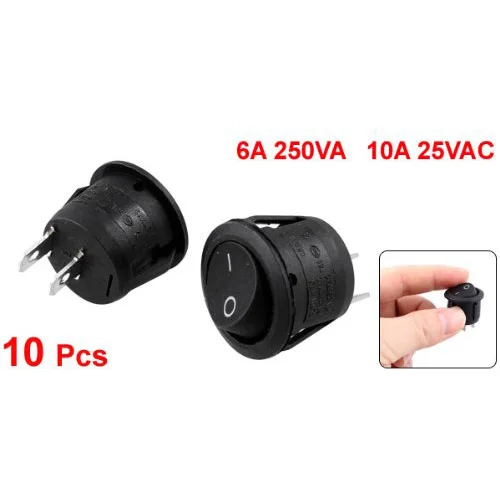 

DHDL- 10Pcs AC 6A 10A 250V On Off Snap in SPST Round Boat Rocker Switch Black