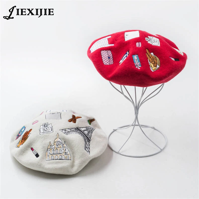 

2018 new Tower pattern embroidery winter knitted wool beret personality painter cap Warm Female Lady high heels top quality gift