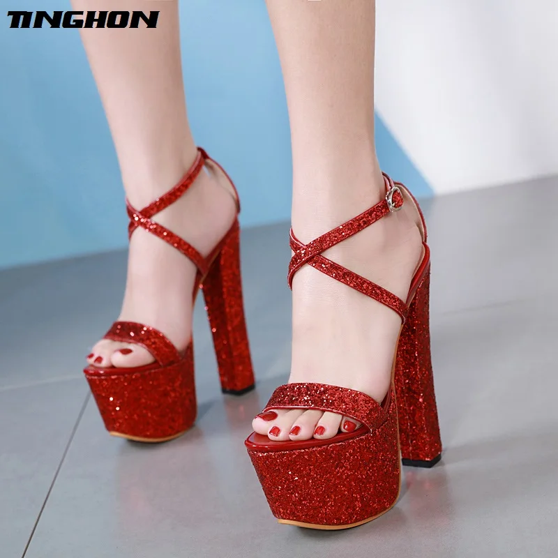

TINGHON Sexy Sequined Platform Women Sandals Gladiator Party Ankle Buckle Strap Ultra Very High heel 17CM Pumps Club Sandals