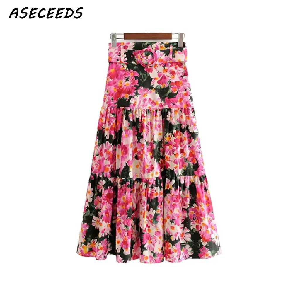 

Boho kawaii floral sexy midi skirt women chic sashes summer skirt streetwear female casual Korean clothes faldas mujer moda 2019