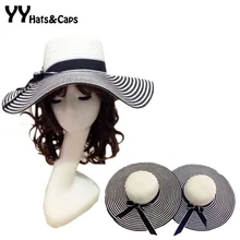 Хепберн маленькая черно-белая полоса летняя мягкая шляпа УФ солнцезащитные очки женские большой пляжный навес Солнцезащитная соломенная шляпа бант YY0009