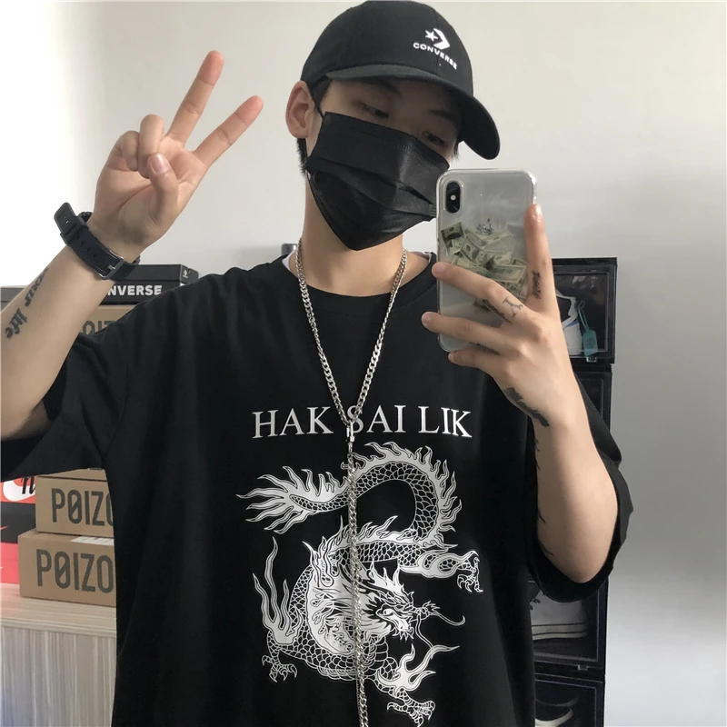 

Focal20 Harajuku Dragon Letter Print Women's T-Shirts Loose Solid Color Summer Womens Tops Short Sleeve Crew Neck Lady T-shirt