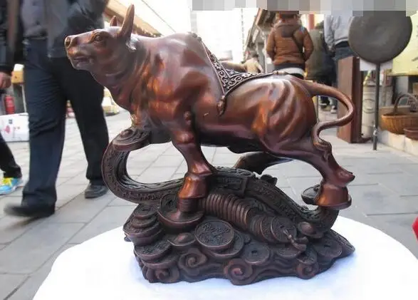 

China Folk Red Bronze Feng Shui Money wealth Ru Yi OX Bull Lucky statue