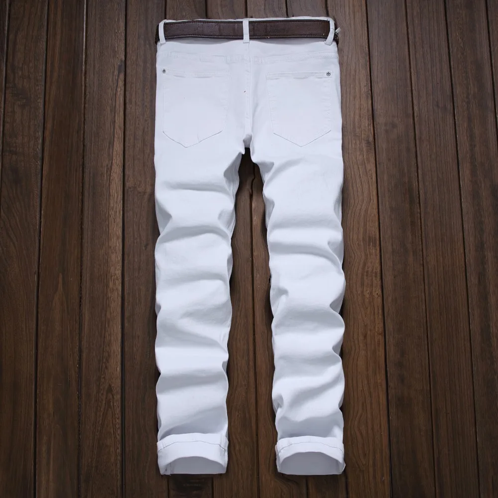 Koop 2017 Rood Wit Zwart Ripped Denim Pant Knie Gat Rits Biker Jeans Mannen Slim Skinny Vernietigd Torn Jean Broek Hiphop swag