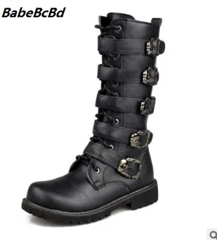 BabeBcBd Men Army Boots High Military Combat Boots Metal Buckle Punk Mid-calf Male Motorcycle Boots Lace Up Men's Shoes Rock vivodsicco new genuine patent leather men mid calf boot punk military combat men s leather desert biker motorcycle rock boots
