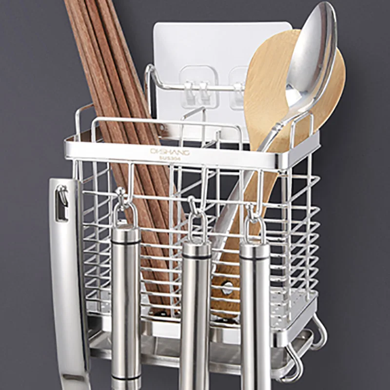 3 Grids Stainless steel hanging chopstick cage fork spoon holder rack reinforced kitchen supplies shelves organizer with hooks