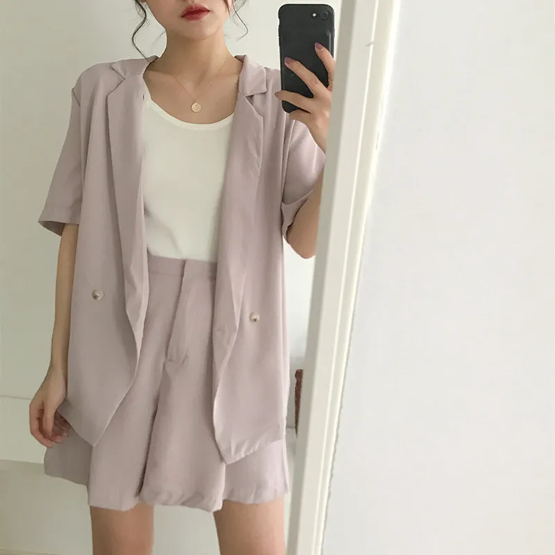 

two pcs set summer 2019 solid color chiffon coat+wide leg shorts 2 pcs shorts set womens clothing set (F3729)