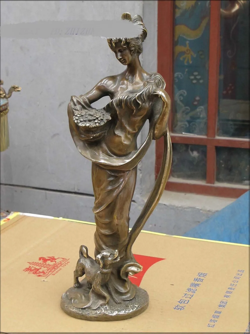 

17.5" Western Art bronze Sexy belle and cute dog beauty sculpture Statue