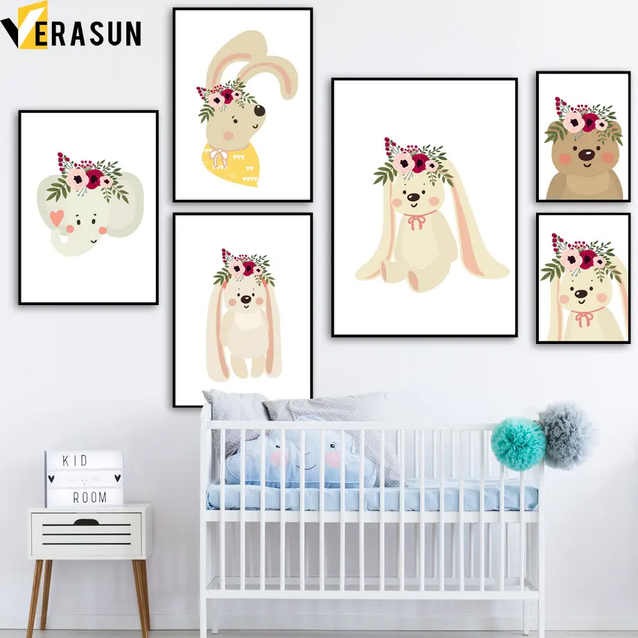 

Cartoon Flower Bear Elephant Rabbit Garland Wall Art Canvas Painting Nordic Posters And Prints Wall Pictures For Kids Room Decor