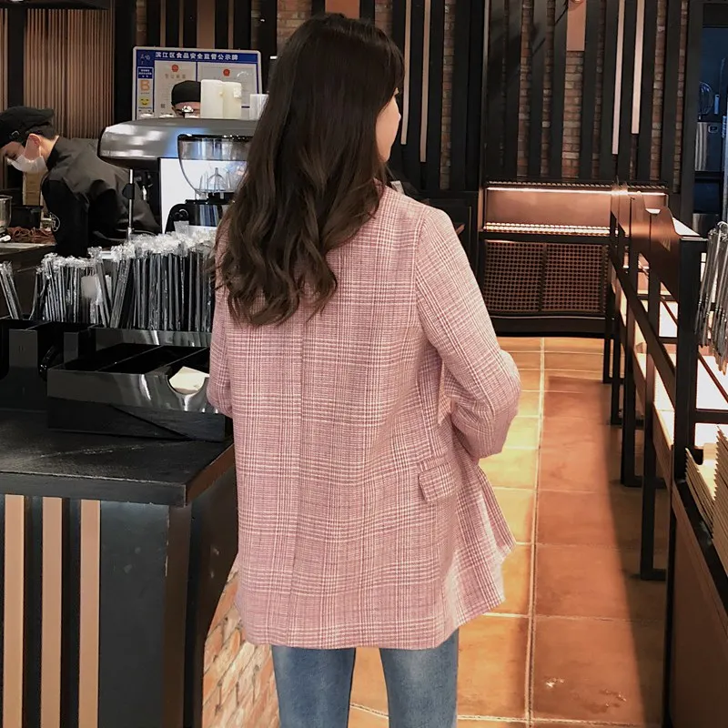 Корейский Весна и осень ins vintage pink plaid маленький пиджак женский корейских студентов короткая заметка Костюм Повседневный шик
