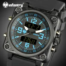 INFANTRY Men Sports Watches Square Face Dual Display Wristwatches Rubber Strap Alarm Clock Aviator Military Relojes Hombre