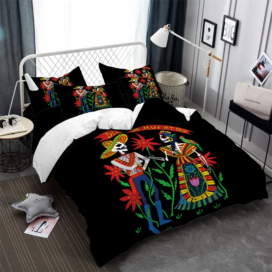 Tribal Couples Zombie Bedding Set Colorful Skeleton Flowers Print