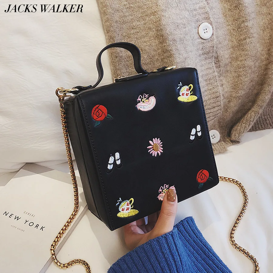 

2019 New Embroidered Pu Leather Shoulder Bag For Women Korean Version Of The Cartoon Chain Messenger Bags Ladies Fashion Box Bag