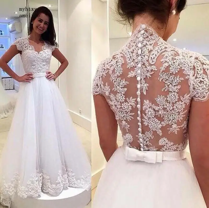 a line lace wedding dress with short sleeves