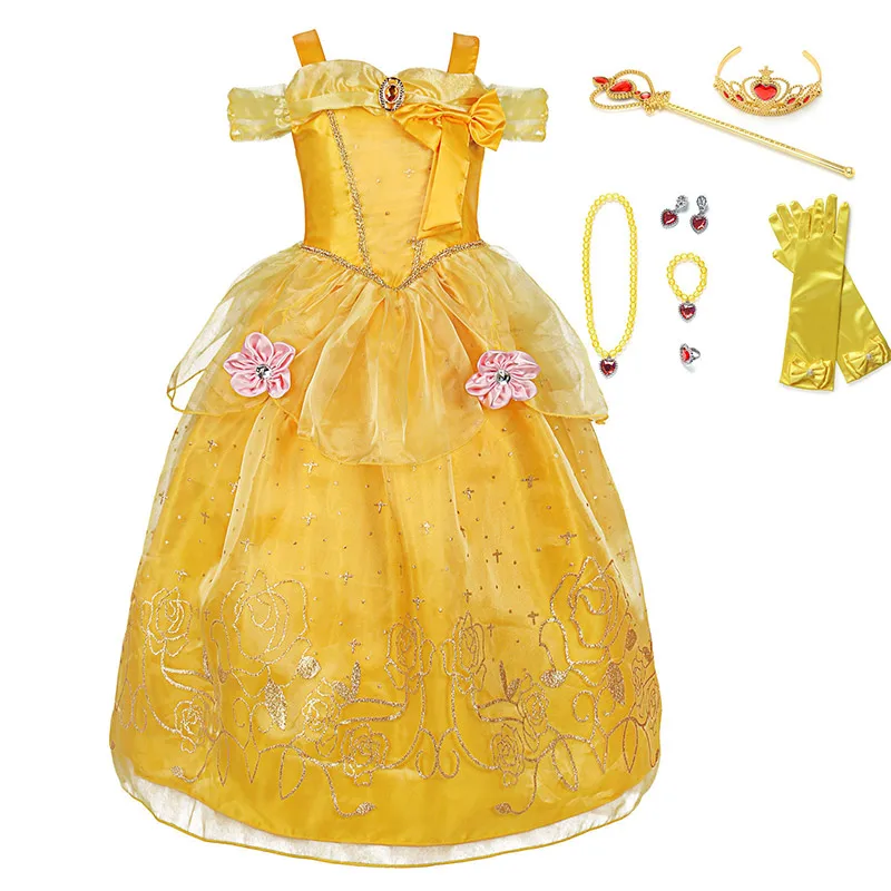 PaMaBa/Детское платье-маскарадный костюм принцессы «Белль» с открытыми плечами, а-силуэта «Красавица и Чудовище»; Карнавальный Костюм «Белль»; детское праздничное платье - Цвет: Dress Set-2