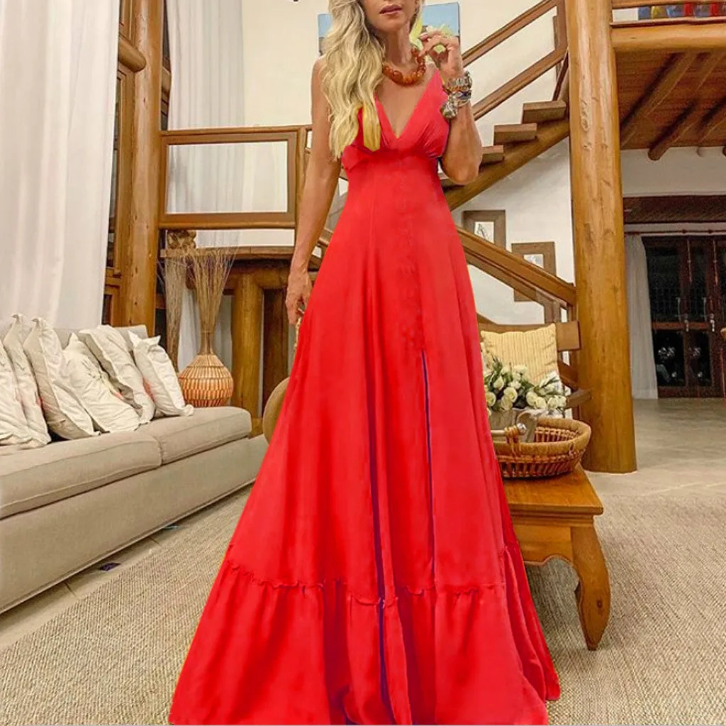 

JAYCOSIN sexy women summer Deep V Spaghetti Strap dress 2019 Solid Color maxi dresses party long ladies vestidos dropshipping