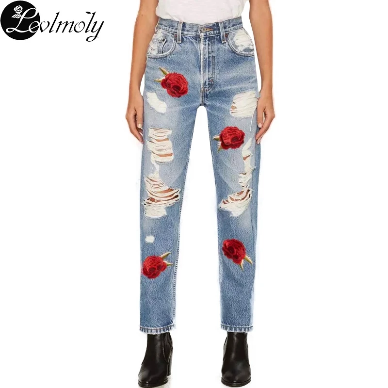 2017 new women distressed flower embroidery hole jeans xqj9716in jeans