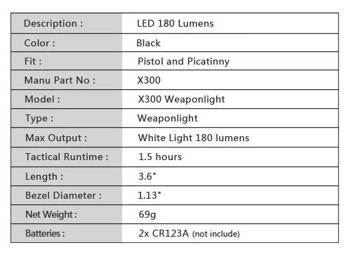 Pistola de Luz Arma Tática 180 Lumens Alta Saída Lanterna Caber 20mm Picatinny Weaver Ferroviário X300 Luz Led 7 X300 arma tática luz pistola de luz