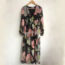 2017 Summer Beach Dress Women Floral Print V Neck Sexy Dress Elastic High Waist Loose Split Dresses Bohemia Dress Vestidos Mujer