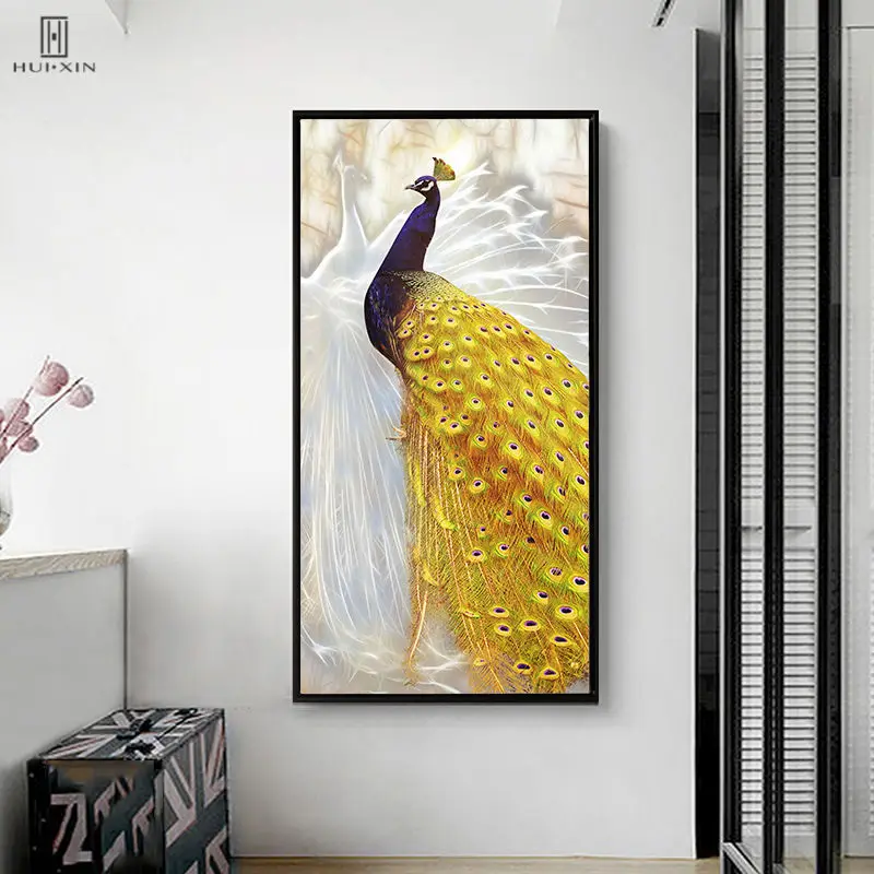 

American Style Proud Peacock With Golded Feathers On Rocks Frameless HD Pattern Canvas Oil Painting Wall Print For Home Decor