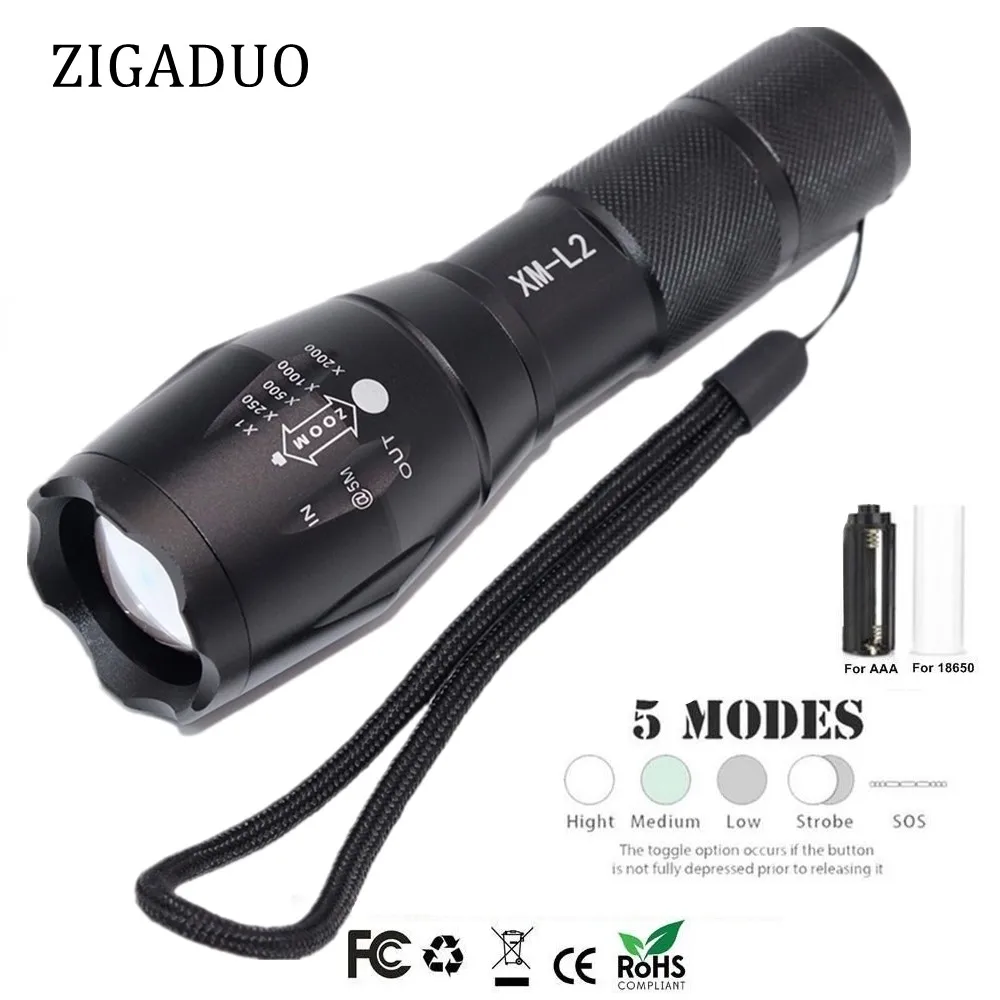 

Ultra Bright XML-T6/L2 LED Flashlight 5 Modes 8000 Lumens Zoomable LED Torch 18650 Battery Flash Light for Fishing Camping