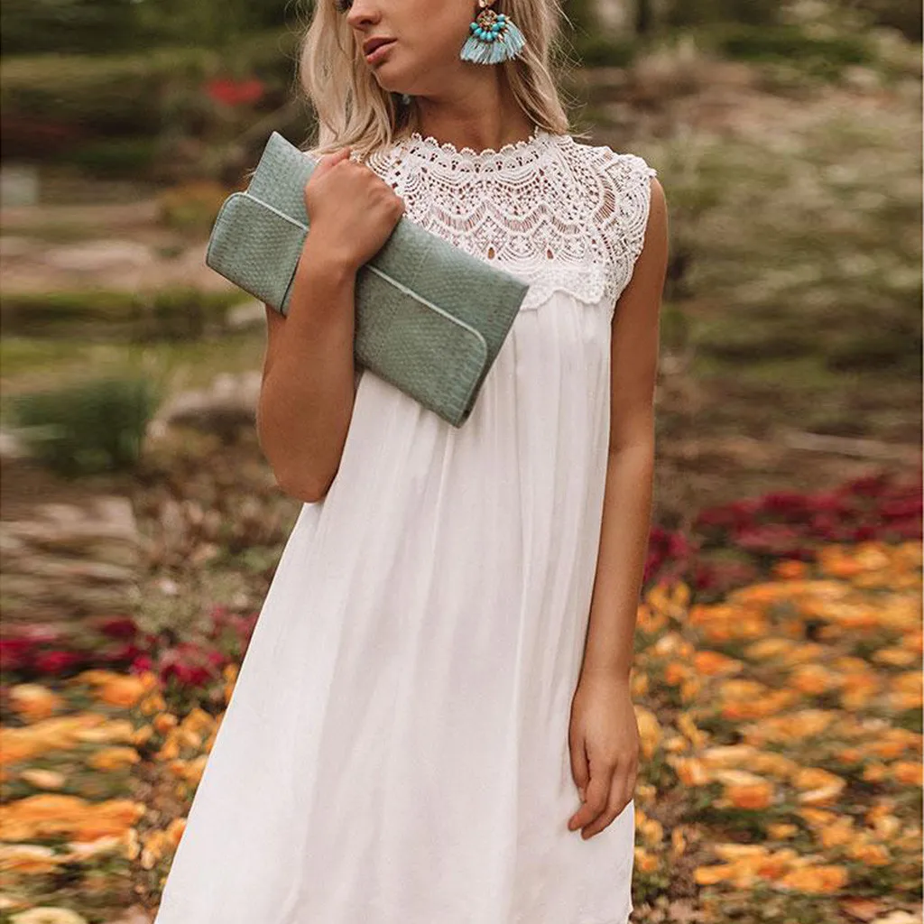 

SummerWomens Fashion Causal Solid Lace Sleeveless O-Neck Loose Short Mini Dress