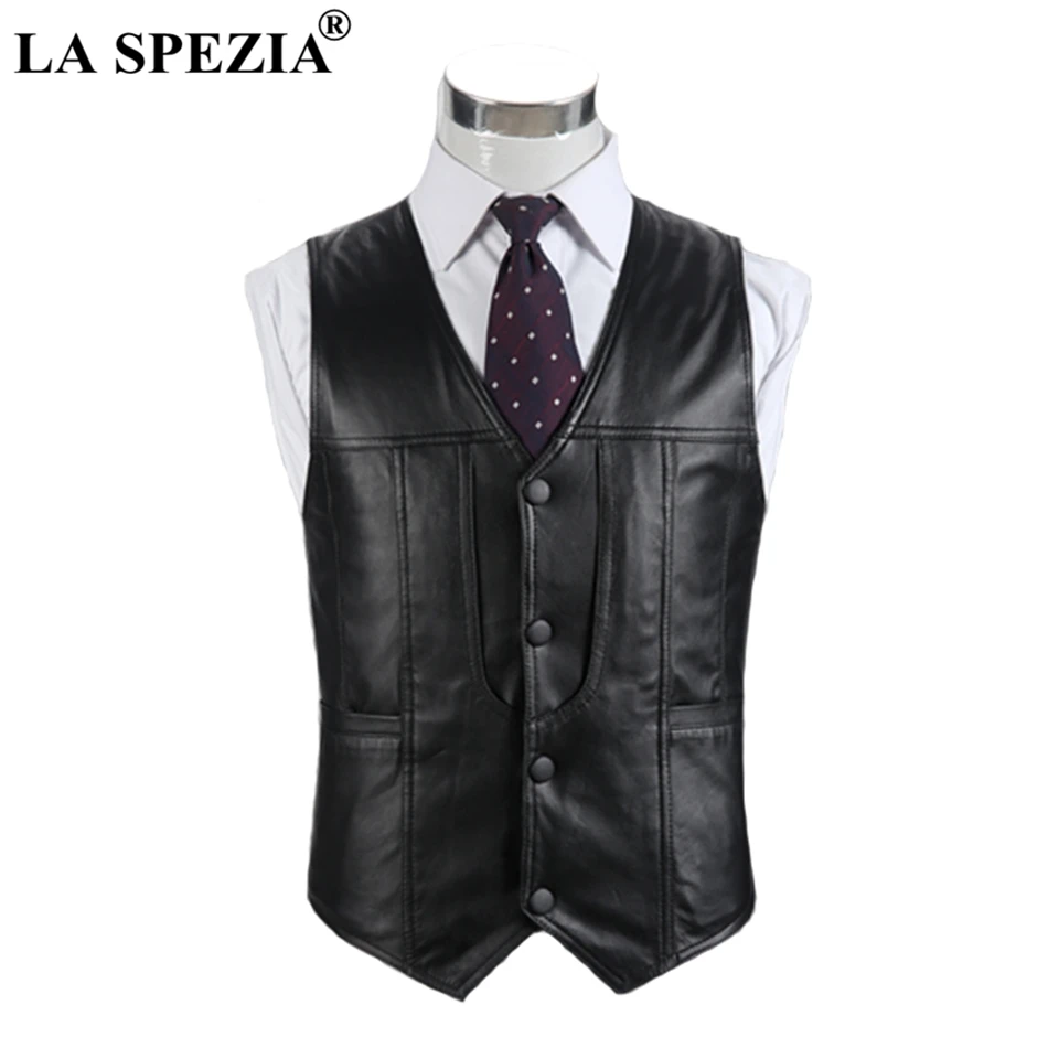 

LA SPEZIA Mens Waistcoat Genuine Leather Black Classic Vest Gentlemen Natural Leather Vintage Luxury Spring Sleeveless Jacket
