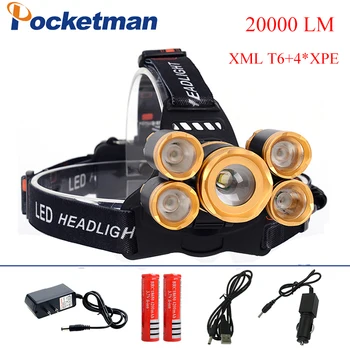 

20000 Lumens 5 LED Headlamp XML T6 +4*XPE Headlight LED Head Lamp Camp Hike Emergency Light Fishing Outdoor Equipment z50