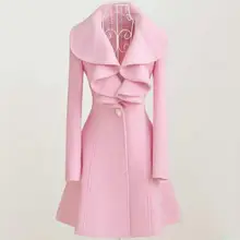 Зимнее шерстяное пальто с оборками и воротником для женщин, тонкое пальто средней длины размера плюс, женское элегантное пальто на одной пуговице, верхняя одежда