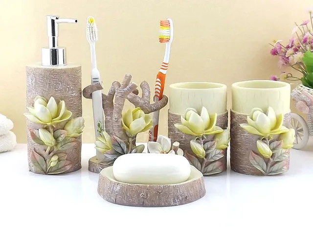 Resin Bathroom Accessories Set Five Pieces Set 40D Mognolia Floral Enchanting Decorative Bathroom Accessories Sets Resin Bathroom Accessories Set Five Pieces Set 40D Mognolia Floral Enchanting Decorative Bathroom Accessories Sets