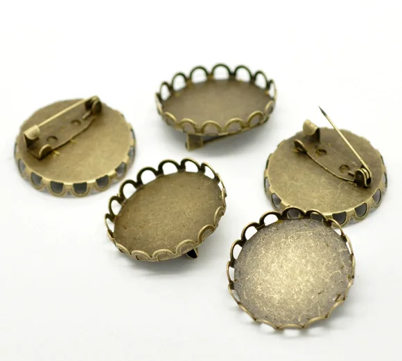 Брошки из античной бронзы DoreenBeads круглые с кабошоном настройками (подходит для 25