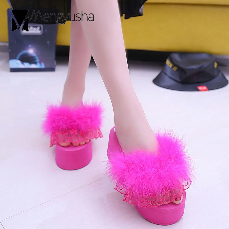 fur heel slippers