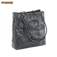 PNDME Сумки из натуральной кожи Повседневная простая Большая вместительная сумка через плечо ручная плиссированная черная женская сумка