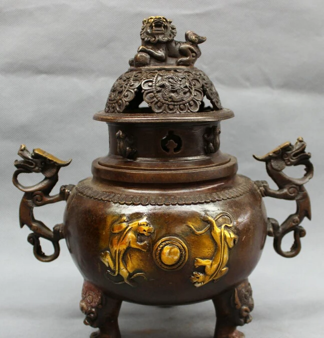 

shitou 002364 10" Tibet Bronze Buddhism Folk Dragon Lion Head Statue Incense Burner Censer discount 30% (C0324)