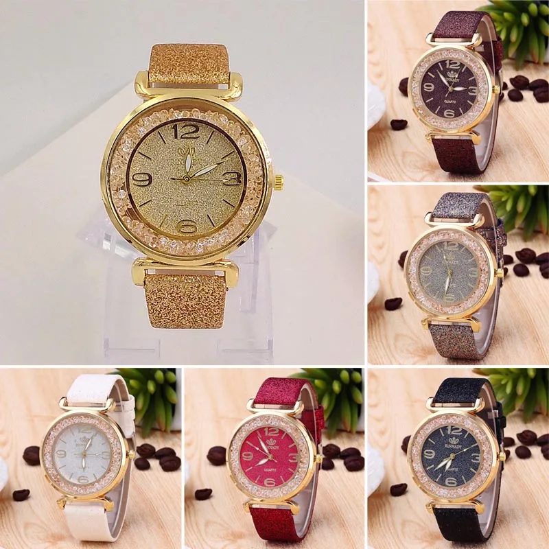 

Women Watches Crystal Ball Big Dial Shiny PU Leather Strap Wristwatch Ladies Analog Quartz Watch Gift BMF88
