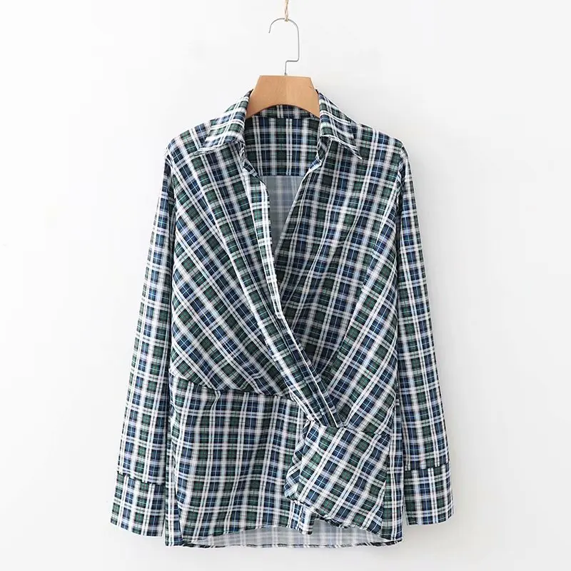 

2019 Women vintage cross v neck plaid printing casual shirt female long sleeve irregular hem Blouses Feminine pleats Tops LS3957