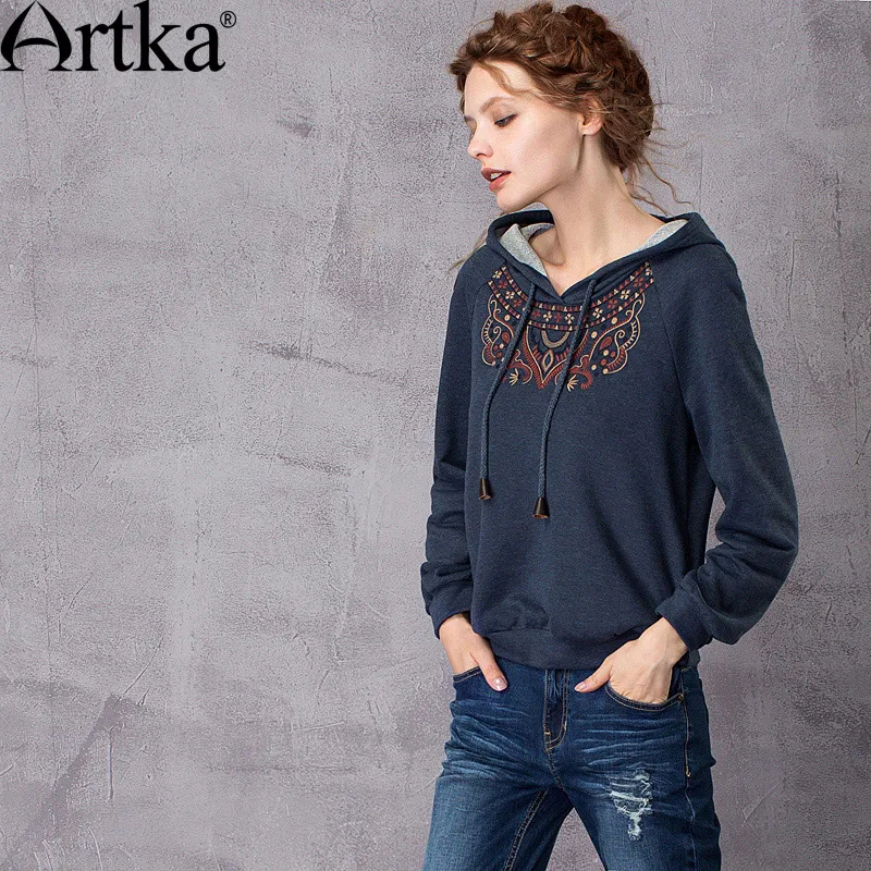  ARTKA Women's 2018 Autumn New Solid Color Ethnic Embroidery Hoodie Vintage Hooded Long Sleeve All-m